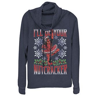 Juniors' Marvel Deadpool Nutcracker Ballerina Santa Holiday Cowlneck Graphic Lightweight Long Sleeve