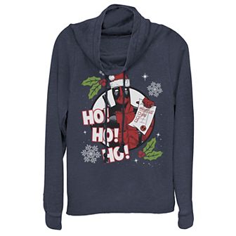 Juniors' Marvel Deadpool Santa Naughty List Holiday Cowlneck Graphic Lightweight Long Sleeve