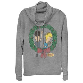 Juniors' Beavis and Butthead Rock On Christmas Wreath Cowlneck Graphic Lightweight Long Sleeve