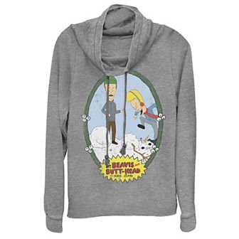 Juniors' Beavis And Butt-Head Snowman Smasher Christmas Cowlneck Graphic Lightweight Long Sleeve