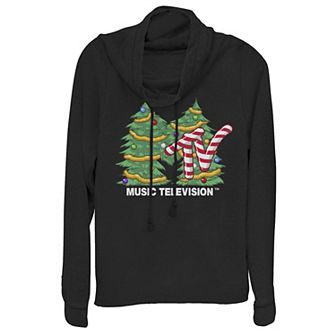 Juniors' MTV Logo Christmas Tree Cowlneck Graphic Lightweight Long Sleeve