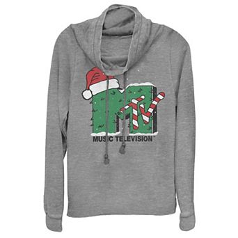 Juniors' MTV Logo Christmas Tree Santa Hat Colors Cowlneck Graphic Lightweight Long Sleeve
