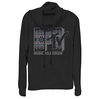 Juniors' MTV Knitted Themed Logo Cowlneck Graphic Lightweight Long Sleeve