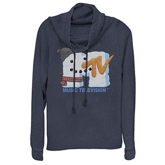 Juniors' MTV Happy Snowman Logo Cowlneck Graphic Lightweight Long Sleeve