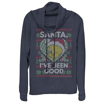 Juniors' Looney Tunes Christmas Tweety Cowlneck Graphic Lightweight Long Sleeve
