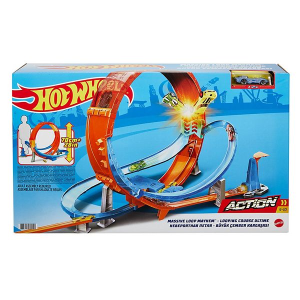 Hot Wheels Massive Loop Mayhem Track Set with Huge 28-Inch Wide Track Loop Slam Launcher Gift for Kids 5 Years Old & Up Designed for Multi-Car Play Battery Box & 1 Hot Wheels 1:64 Scale Car