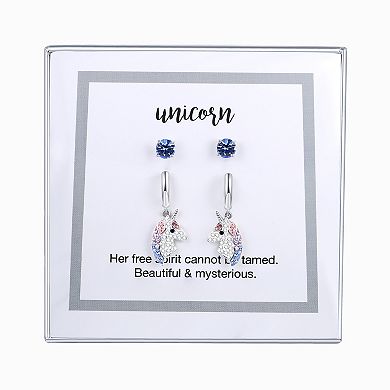 Crystal Collective Fine Silver Plated Crystal Huggie Unicorn & Studs Earring Set