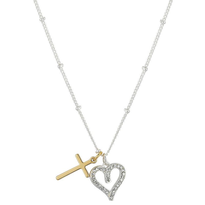 Brilliance Gold Two Tone Cross & Preciosa Crystal Heart Necklace, Womens,
