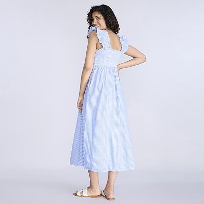 Maternity Motherhood Sleeveless Ruffle Shoulder Smocked Dress, Women's, Size: XXL-MAT, Blue White Stripe