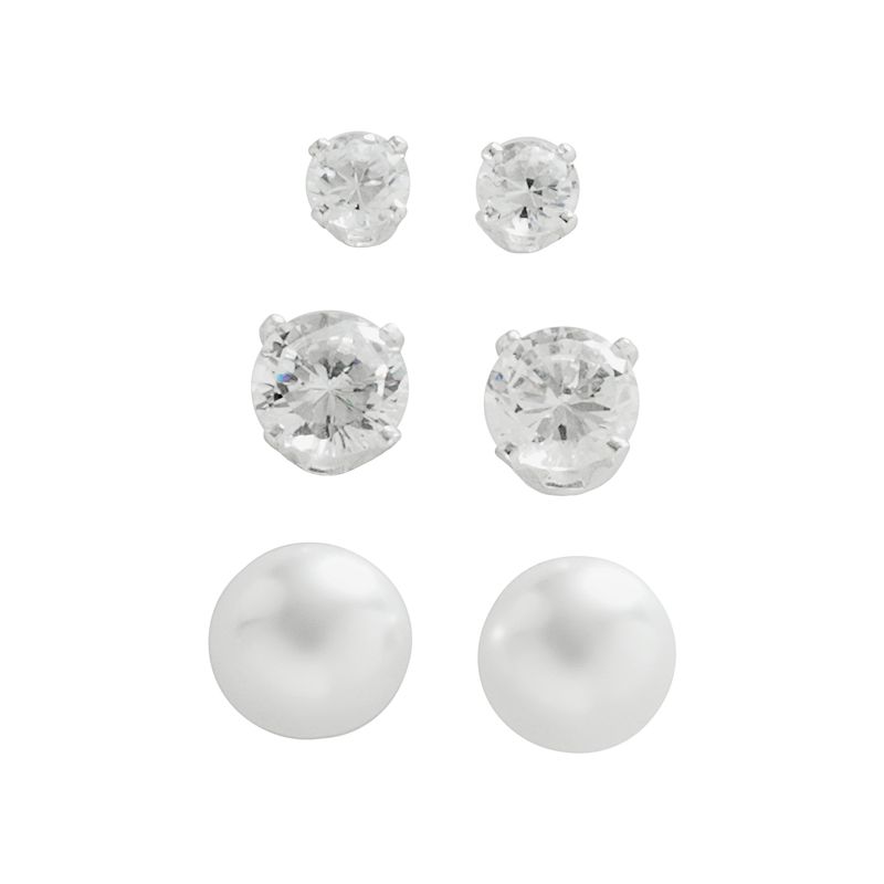 Napier Silver-Tone Simulated Pearl and Simulated Crystal Stud Earring Set, 