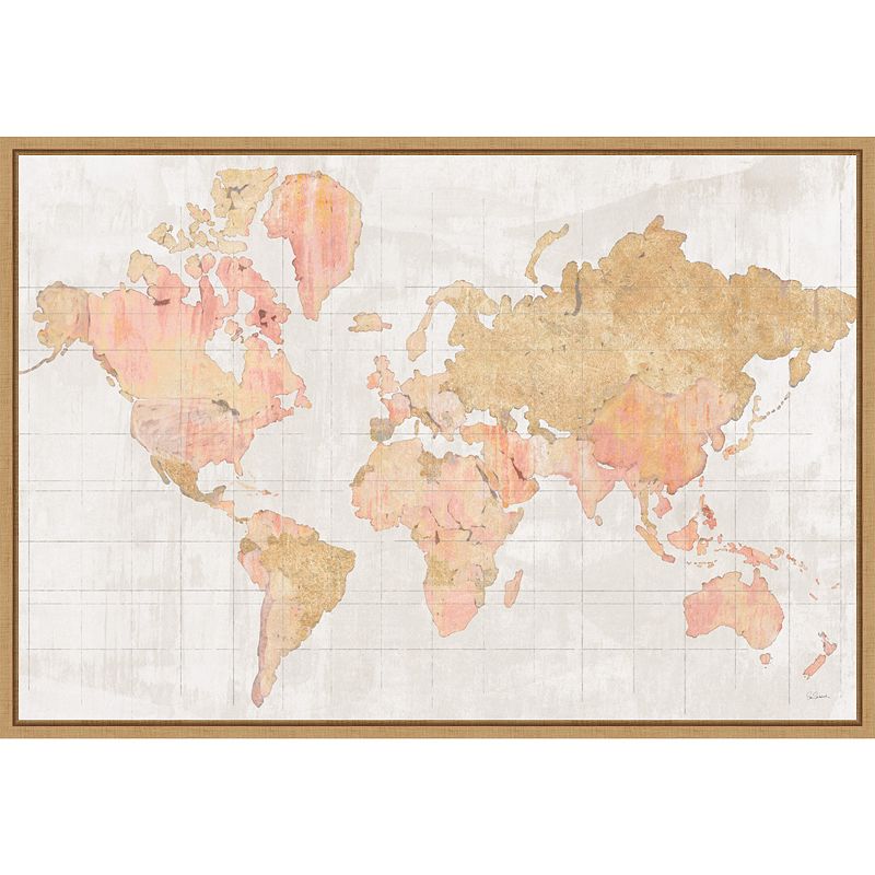 Amanti Art Across the World v5 Champagne (Map) Framed Canvas Print, Brown, 