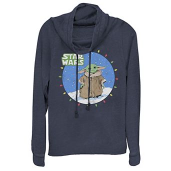 Juniors' Star Wars The Mandalorian The Child Christmas Lights Cowlneck Graphic Lightweight Long Sleeve
