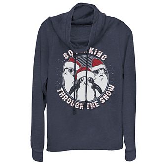 Juniors' Star Wars Porg Squeaking Through Snow Christmas Cowlneck Graphic Lightweight Long Sleeve