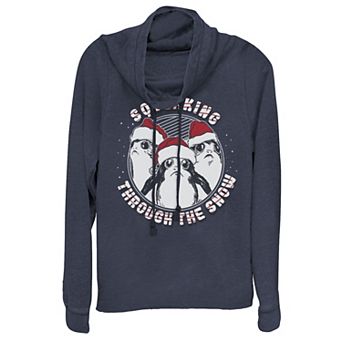 Juniors' Star Wars Porg Squeaking Through Snow Christmas Cowlneck Graphic Lightweight Long Sleeve
