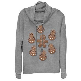 Juniors' Star Wars Chewie Porg Gingerbread Cookies Christmas Cowlneck Graphic Lightweight Long Sleeve