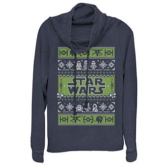 Juniors' Star Wars Pixelated Christmas Cowlneck Graphic Lightweight Long Sleeve