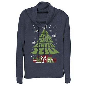 Juniors' Star Wars "May The Force Be With You" Christmas Tree Cowlneck Graphic Lightweight Long Sleeve