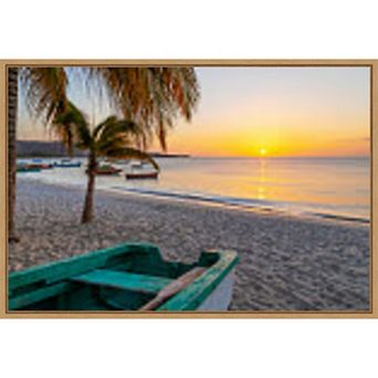 Amanti Art Sunset and Wooden Fishing Boat Framed Canvas Print