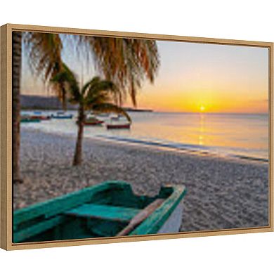 Amanti Art Sunset and Wooden Fishing Boat Framed Canvas Print