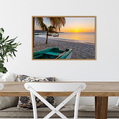 Amanti Art Sunset and Wooden Fishing Boat Framed Canvas Print