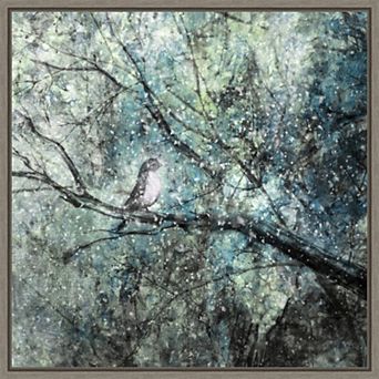 Amanti Art The Silence Of The Snow Bird in Tree Framed Canvas Print