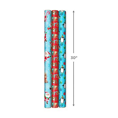 Hallmark 3-Pack Penguins, Santa, Trees, Stripes, Snowflakes, "Merry Christmas" Reversible Christmas Wrapping Paper for Kids