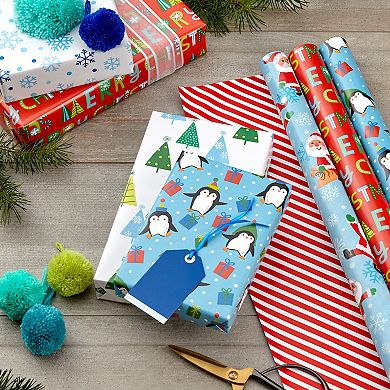 Hallmark 3-Pack Penguins, Santa, Trees, Stripes, Snowflakes, "Merry Christmas" Reversible Christmas Wrapping Paper for Kids