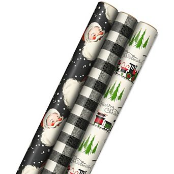 Hallmark 3-Pack Retro Santa, Black & White Plaid, Train & Trees Christmas Wrapping Paper