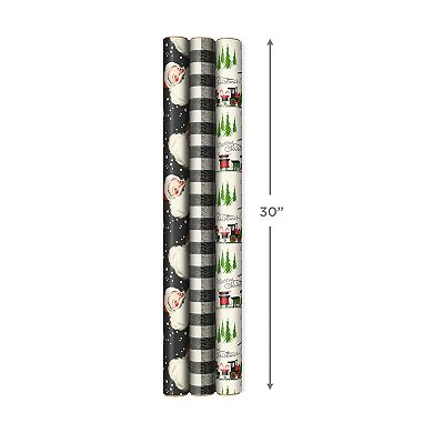 Hallmark 3-Pack Retro Santa, Black & White Plaid, Train & Trees Christmas Wrapping Paper