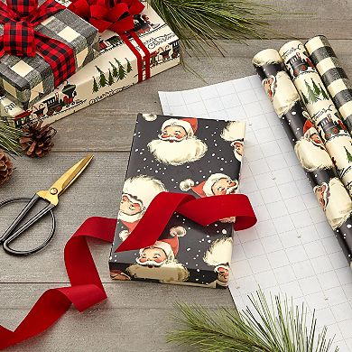 Hallmark 3-Pack Retro Santa, Black & White Plaid, Train & Trees Christmas Wrapping Paper