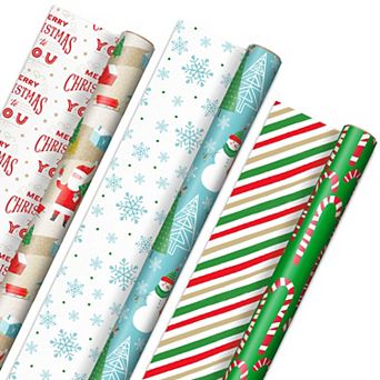 Hallmark 3-Pack Rustic Santa, Snowman, Candy Canes, Stripes & Snowflakes Reversible Christmas Wrapping Paper