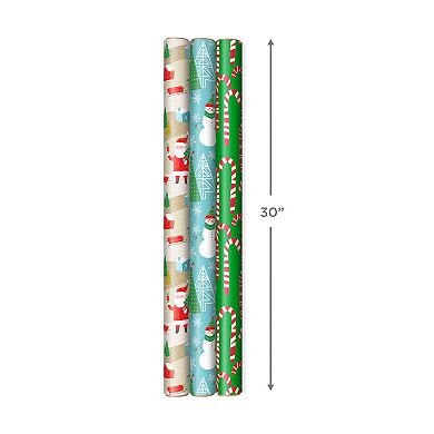 Hallmark 3-Pack Rustic Santa, Snowman, Candy Canes, Stripes & Snowflakes Reversible Christmas Wrapping Paper