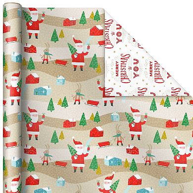 Hallmark 3-Pack Rustic Santa, Snowman, Candy Canes, Stripes & Snowflakes Reversible Christmas Wrapping Paper
