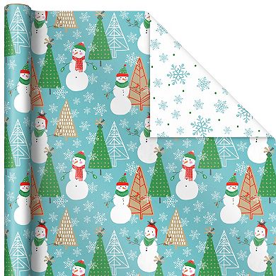 Hallmark 3-Pack Rustic Santa, Snowman, Candy Canes, Stripes & Snowflakes Reversible Christmas Wrapping Paper
