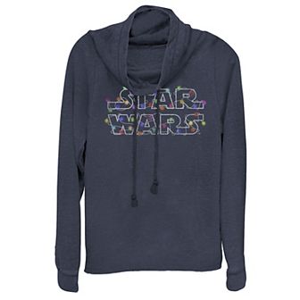 Juniors' Star Wars Christmas Light Logo Cowlneck Graphic Lightweight Long Sleeve