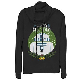 Juniors' Star Wars R2-D2 Merry Christmas Wreath Bells Cowlneck Graphic Lightweight Long Sleeve