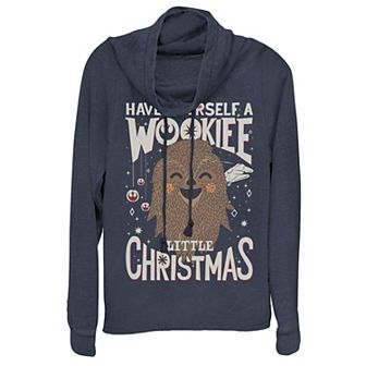 Juniors' Star Wars "Have Yourself A Wookiee Little Christmas" Sketched Cowlneck Graphic Lightweight Long Sleeve