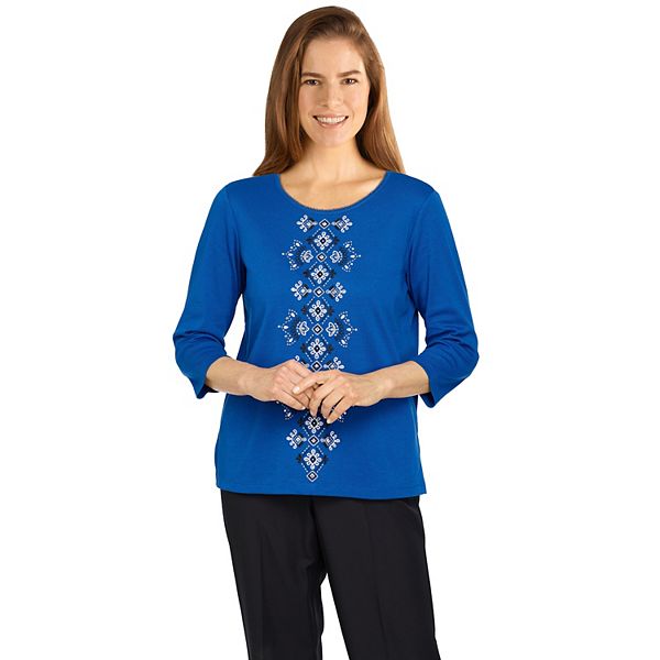 Petite Alfred Dunner Solid Center Embroidery Top
