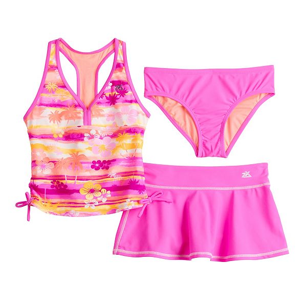 Girls 4-16 ZeroXposur Ruched Sides Tankini Top, Bottoms & Skirt Swim Set