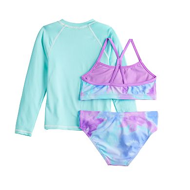 Girls 7-16 ZeroXposur Bikini Top, Bottoms & Long Sleeve Rashguard Swimsuit Set