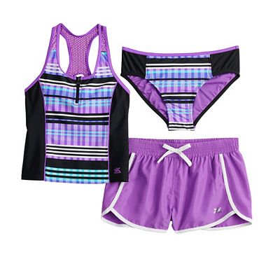 Girls 4-16 ZeroXposur Mesh Zip Tankini Top, Bottoms & Shorts Swim Set