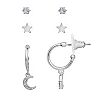 LC Lauren Conrad Silver Tone Moon & Stars Stud & Hoop Earring Trio