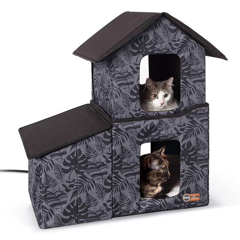K&H Outdoor Heated Two-Story Kitty House with Dining Room, Grey
