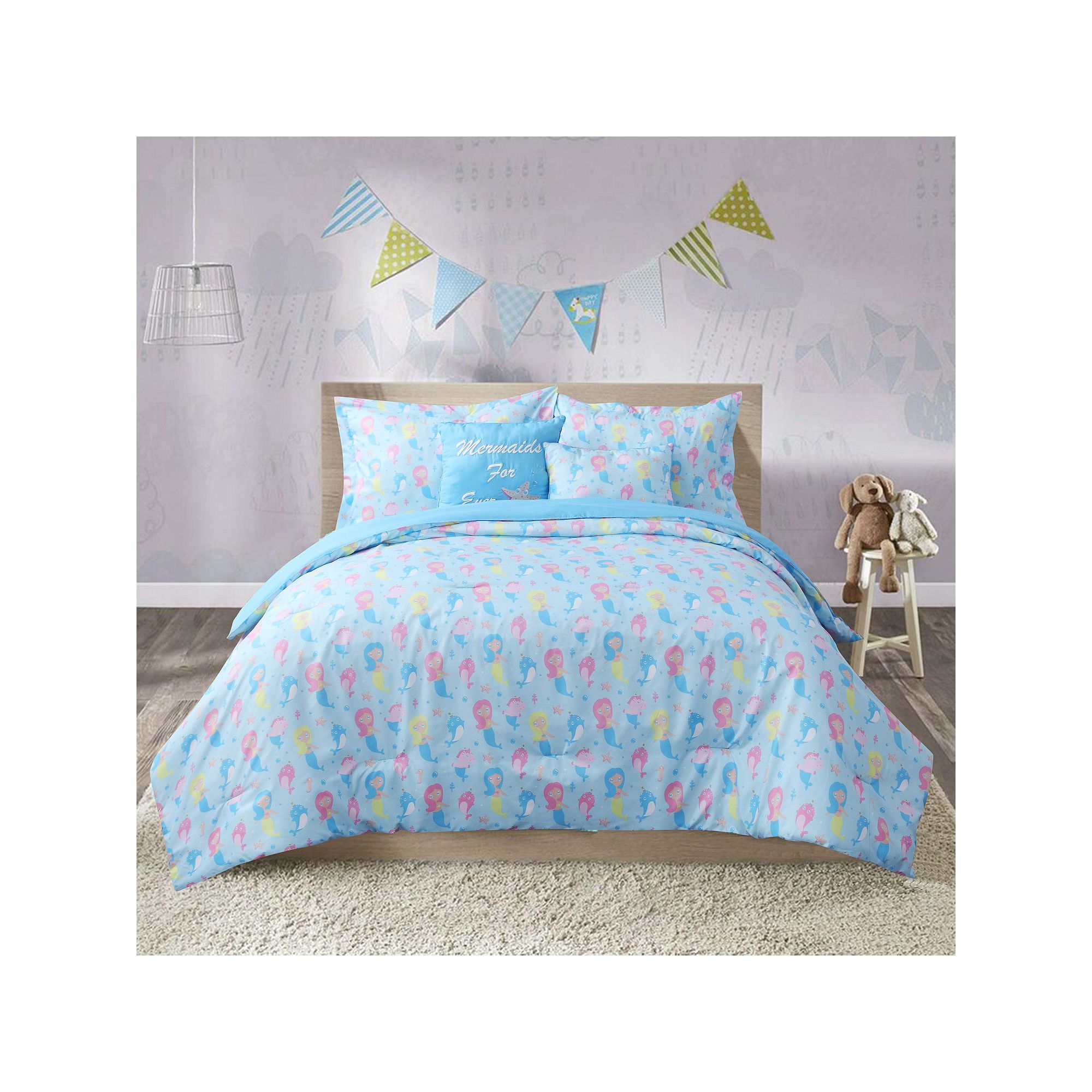 Mermaid Comforter Set with Shams, Blue