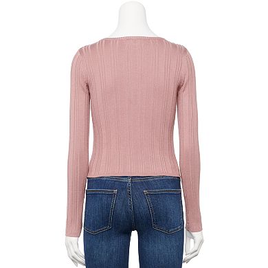 Juniors' Pink Republic Set in Shoulder Scoopneck Zip Front Sweater