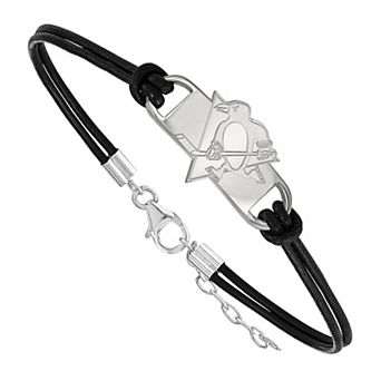 LogoArt Sterling Silver Pittsburgh Penguins Black Leather Bracelet
