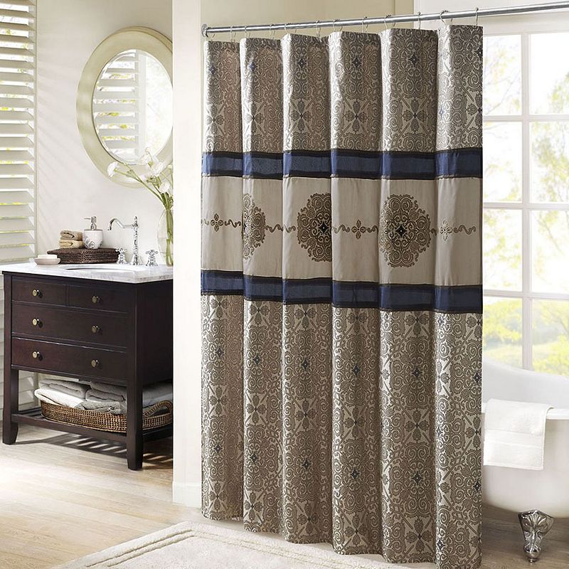 Perry Embroidered Shower Curtain Navy Blue: Madison Park, Polyester Jacquard, Machine Washable, Ring Top