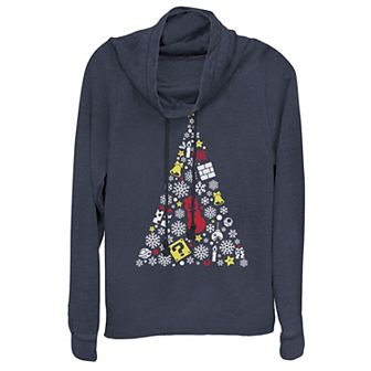 Juniors' Nintendo Super Mario Items Star Christmas Tree Cowlneck Graphic Lightweight Long Sleeve