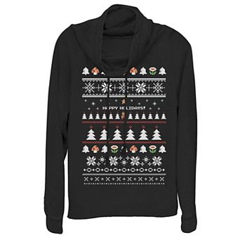 Juniors' Nintendo Super Mario Bro's Happy Holidays Cowlneck Graphic Lightweight Long Sleeve