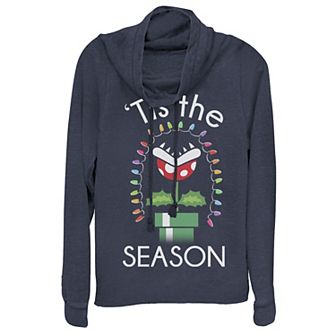 Juniors' Nintendo Super Mario Bro's Piranha Tis The Season Cowlneck Graphic Lightweight Long Sleeve